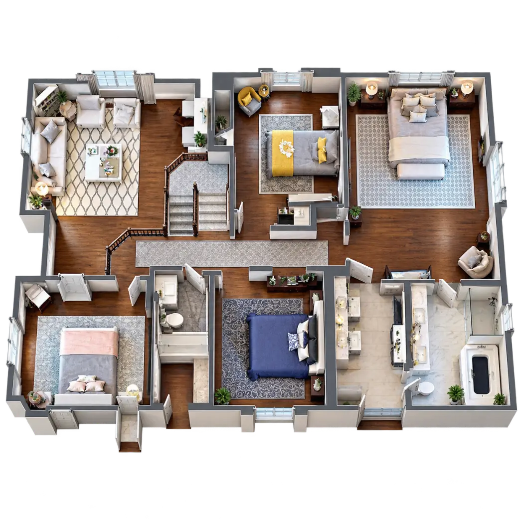 3D floor plan model of a house's top floor